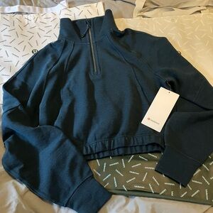 NWT Lululemon Cropped 1/ Zip Funnel Neck *Waffle, S, Heathered Indochine Blue